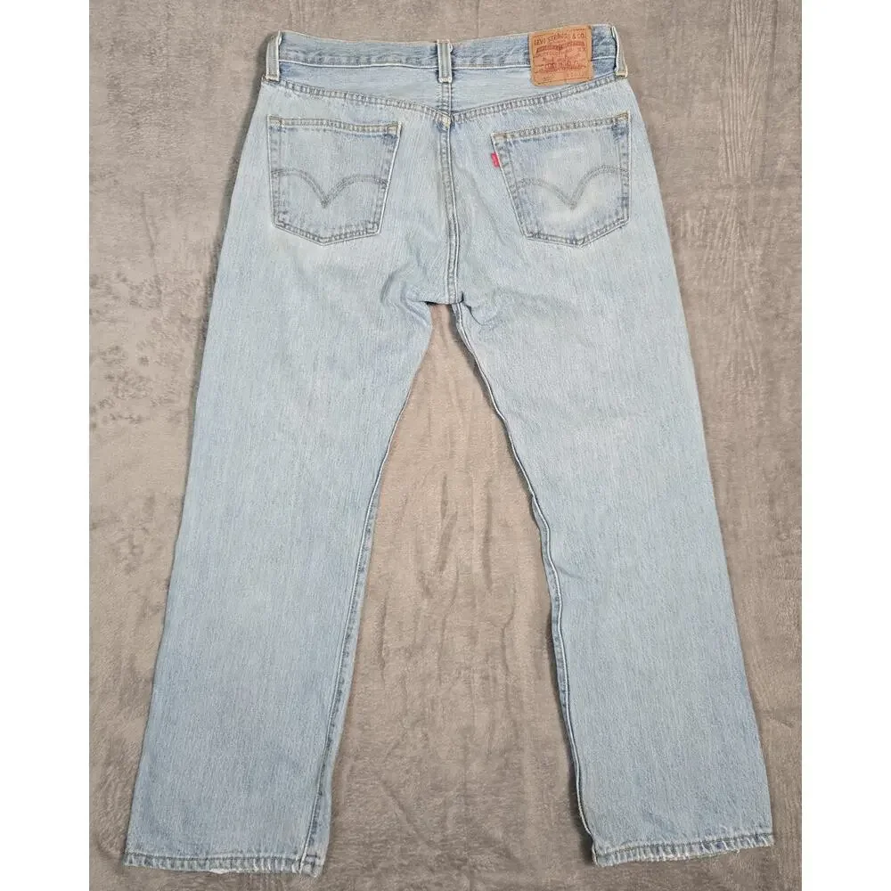 Levi’s 501 Jeans Mens 34x29 Light Wash Distressed Button Fly Straight Leg